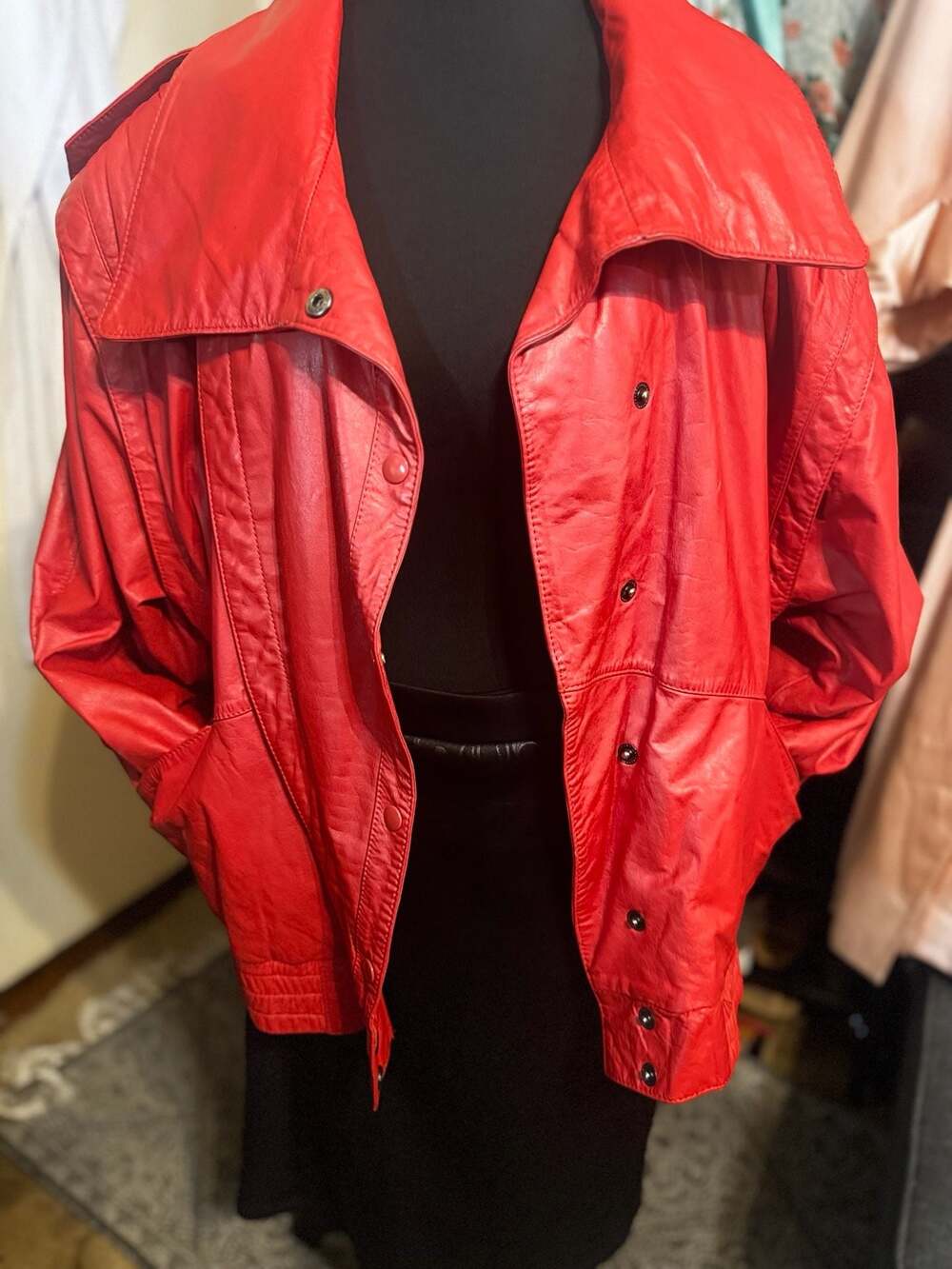80's Lipstick Red Oversized Bomber Short Leather Jacket unisex Micheal jackson